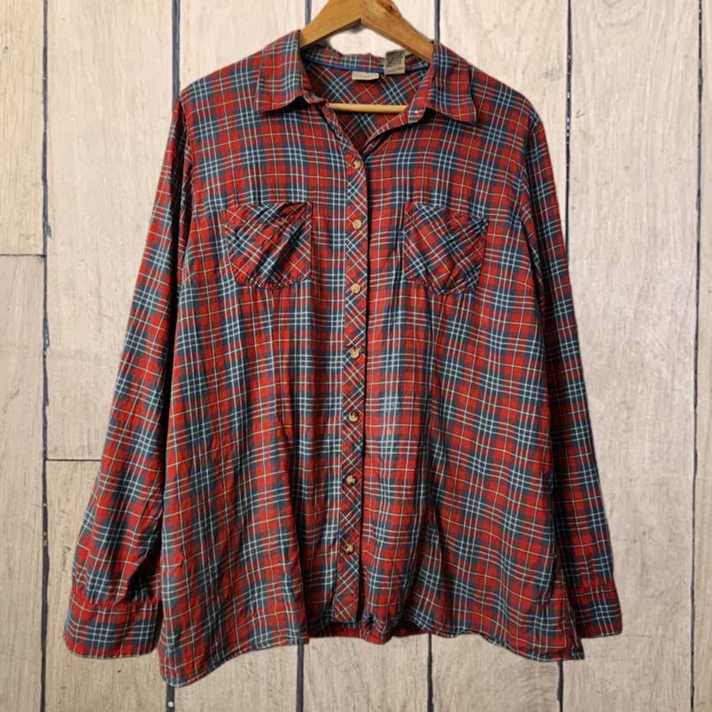 LL Bean plaid Shirt Women Large red blue roll up‎ sleeve
